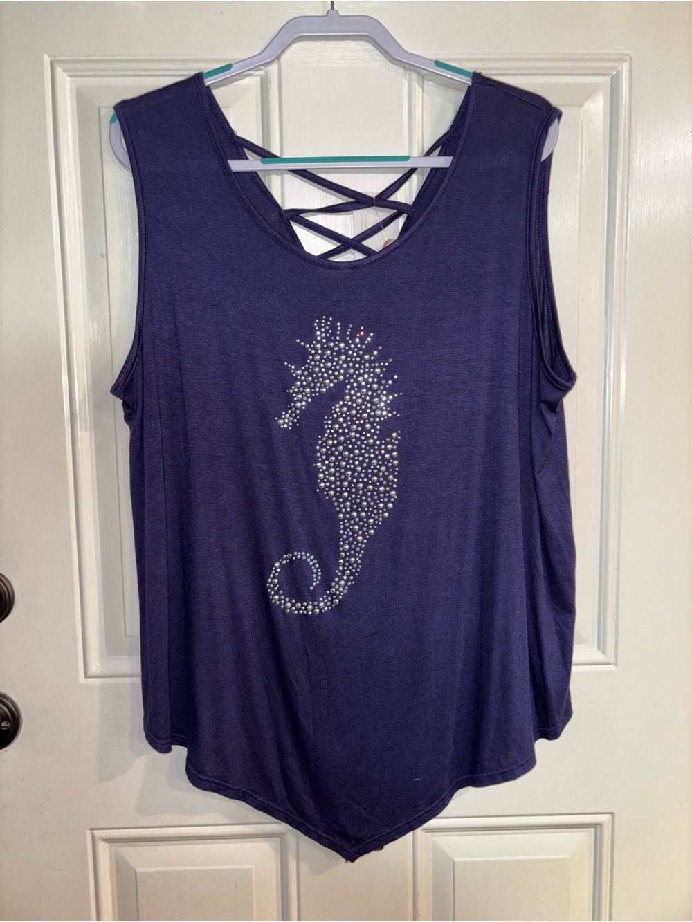Sleeveless Navy Tank with Rhinestone Seahorse and Crisscross Back